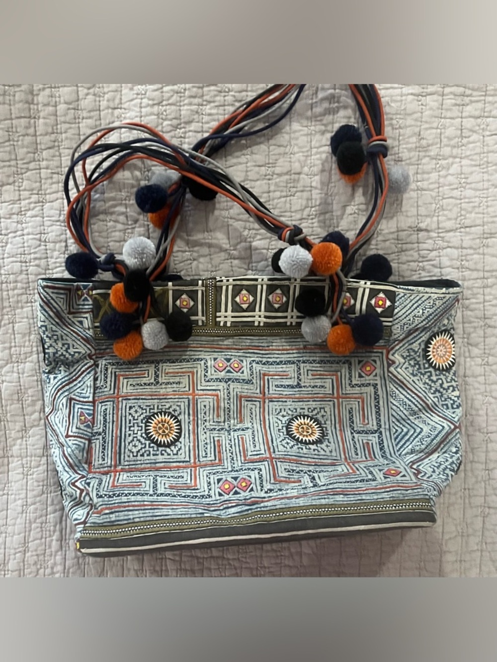 Embroidered Tote Bag with Pom-Pom Straps - Multicolor